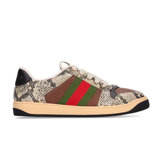 Gucci Screener Python Embossed Leather Trainers Side Profile in cream and green Side profile view of Gucci Screener python embossed leather trainers in cream with green and red Web stripe