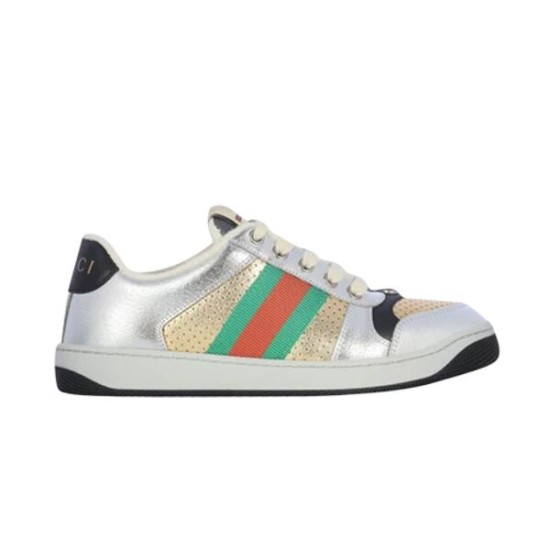 Gucci Screener Metallic Silver Gold Web Stripe Leather Trainers Profile Gucci Screener Metallic Silver Gold Web Stripe Leather Trainers side view