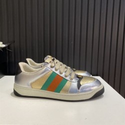 Gucci Screener Metallic Silver Gold Web Stripe Leather Trainers Gucci Screener Metallic Silver Gold Web Stripe Leather Trainers