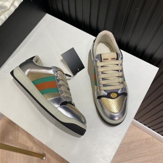 Gucci Screener Metallic Silver Gold Web Stripe Leather Trainers Overhead Display Gucci Screener Metallic Silver Gold Web Stripe Leather Trainers top and side view