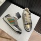 Gucci Screener Metallic Silver Gold Web Stripe Leather Trainers Overhead Display Gucci Screener Metallic Silver Gold Web Stripe Leather Trainers top and side view