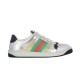 Gucci Screener Metallic Silver Gold Web Stripe Leather Trainers Studio View Studio side view of Gucci Screener Metallic Silver Gold Web Stripe Leather Trainers