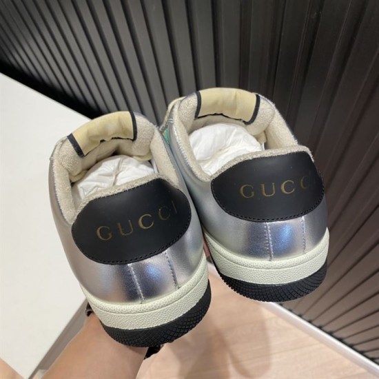 Gucci Screener Metallic Silver Gold Web Stripe Leather Trainers Heel View Heel counter detail of Gucci Screener Metallic Silver Gold Web Stripe Leather Trainers
