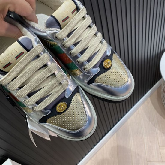 Gucci Screener Metallic Silver Gold Web Stripe Leather Trainers Toe Box Detail Close-up of toe boxes on Gucci Screener Metallic Silver Gold Web Stripe Leather Trainers