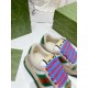 Gucci Screener Trainer Collar Detail in beige and green Top angle view of Gucci Screener trainer collar and tongue with branded patch in beige and green