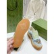 Underside of gum rubber sole displaying embossed bee pattern on Gucci Screener trainer in light blue and beige