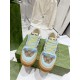 Top-down view of light blue Gucci Screener trainers showing blue and yellow laces in light blue and beige