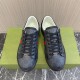 Gucci Black Monogram Web Trainers - Front Pair in black and white Frontal view of both Gucci black monogram web trainers placed on a green shoe box in black and white