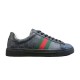 Gucci Black Monogram Web Trainer - Lateral View in black and white Full lateral side view of a Gucci black monogram leather web trainer on a plain background in black and white