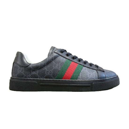 Gucci Black Monogram Web Trainers - Side View in black and white Side profile view of Gucci black monogram leather web trainers against a plain white background