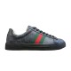 Gucci Black Monogram Web Trainers - Side View in black and white Side profile view of Gucci black monogram leather web trainers against a plain white background