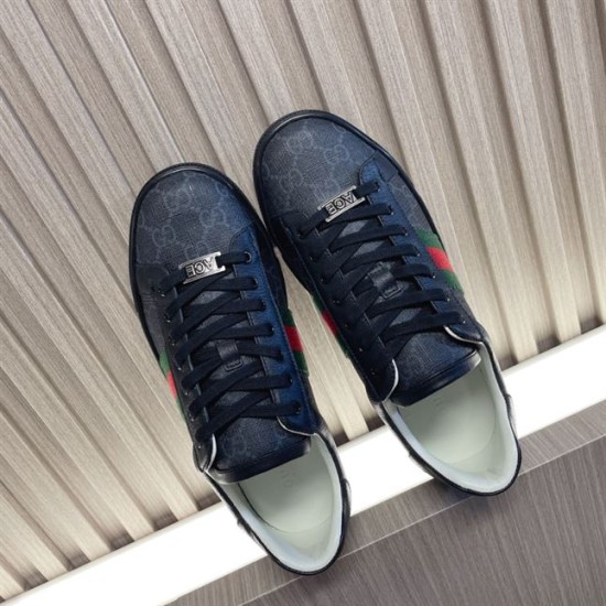 Gucci Black Monogram Web Trainers - Laces View in black and white Pair of Gucci black monogram trainers viewed from above detailing the laces and ACE tag in black and white