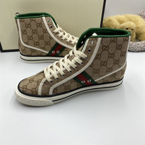 Lateral side view displaying the green and red Web stripe on beige GG canvas high top trainers