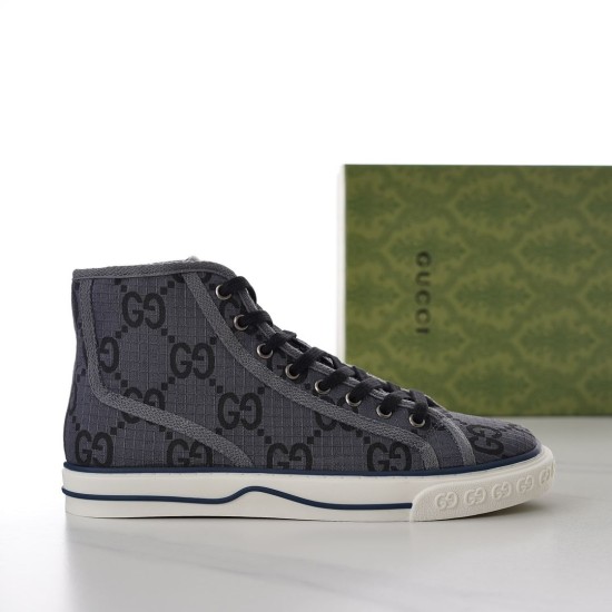 Gucci Grey High-Top Trainer Studio View Side view of Gucci grey GG canvas high-top trainer beside green shoe box