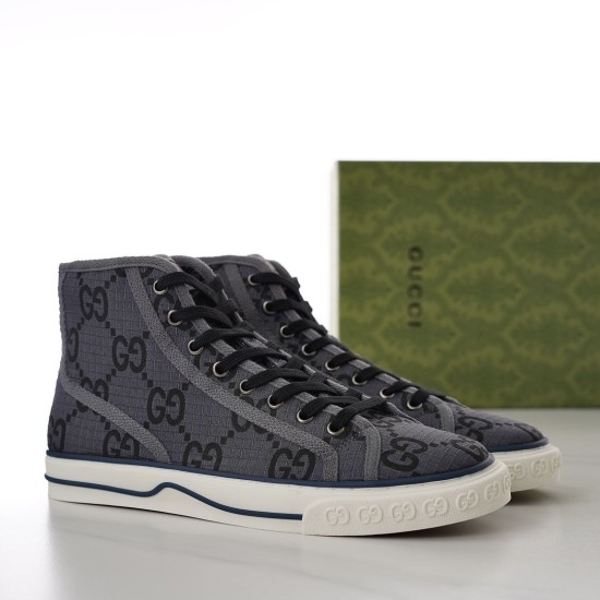 Gucci Tennis 1977 Grey High-Top Trainers Pair Three-quarter perspective of Gucci grey high-top trainers in GG monogram canvas