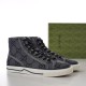 Gucci Tennis 1977 Grey High-Top Trainers Pair Three-quarter perspective of Gucci grey high-top trainers in GG monogram canvas