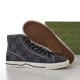 Gucci Tennis 1977 Outsole and Side View in grey Gucci grey high-top trainer displayed with brown patterned rubber tread