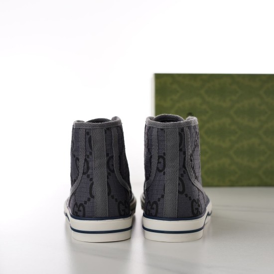 Gucci High-Top Trainers Rear View in grey Rear view of Gucci grey GG canvas high-top trainers showing heel spine design