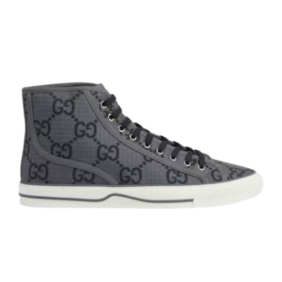 Gucci Tennis 1977 High-Top Grey Trainers Side View Side profile view of Gucci Tennis 1977 high-top grey trainers in GG canvas