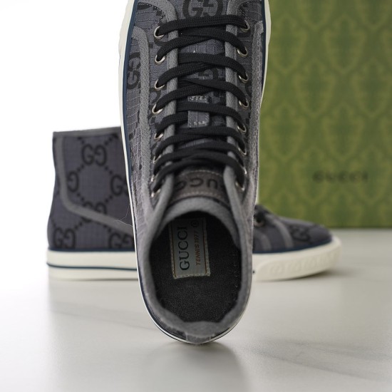 Gucci Tennis 1977 Insole Label View in grey Interior view showing Gucci Tennis 1977 woven label inside grey high-top trainer