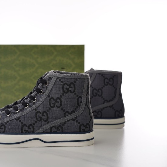 Gucci High-Top Trainer Canvas Detail in grey Close-up profile view showing grey GG canvas and off-white sole detail