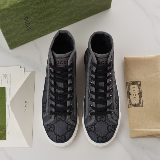 Gucci High-Top Trainers Overhead View in grey Top-down view of Gucci grey GG canvas high-top trainers with laces and dust bag