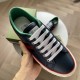 Close-up of Gucci Tennis 1977 Low Top Blue Leather Trainer tongue and lacing