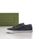 Medial side view of grey Gucci Tennis 1977 monogram trainer showing side ventilation eyelets