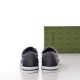 Rear heel view of grey monogram Gucci Tennis 1977 trainers
