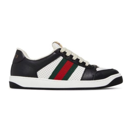 Lateral view of Gucci Screener black and white trainer isolated on white background