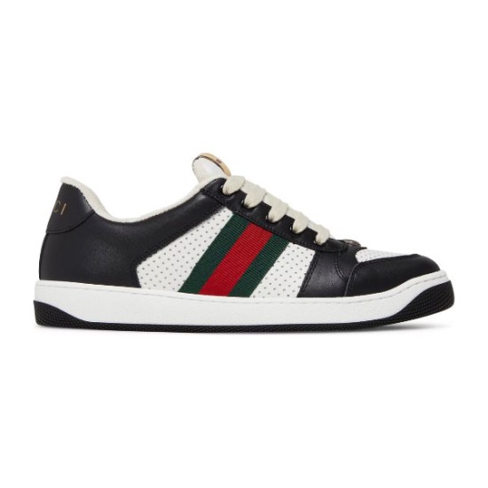 Side profile view of Gucci Screener black and white low top trainer showing green and red Web stripe