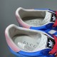 Gucci x Adidas Gazelle Interior Detail in blue and white Detailed view of the tongue label and inner lining of the blue Gucci x Adidas Gazelle trainers in blue and white