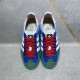 Gucci x Adidas Gazelle Top View in blue and white Top-down view of both blue satin Gucci x Adidas Gazelle trainers showing red laces and insoles in blue and white