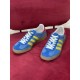 Gucci Gazelle Blue Suede Pair Front View in blue and yellow Front-facing view of both blue suede trainers with yellow stripes