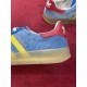 Gucci Gazelle Side Panel and Gum Sole Detail in blue and yellow Detailed view of side panel with embossed Gazelle text and gum sole in blue and yellow