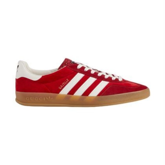 Gucci Gazelle Red Velvet Trainer Profile View in red and white Profile view of Gucci Gazelle red velvet low-top trainer with white stripes and gum sole on white background