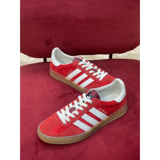 Gucci Gazelle Red Velvet Low Top Trainers Top View in red and white Top angled view of pair of Gucci Gazelle red velvet low top trainers in red and white