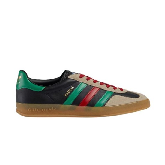 Gucci Gazelle Low Top Trainer Side Profile in black and red Gucci Gazelle Low Top Trainer side view showing black leather upper, red and green stripes, beige suede toe, and gum sole
