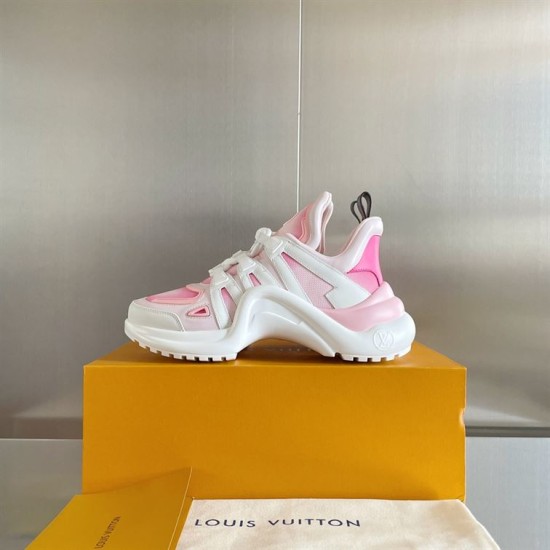 L Archlight pink mesh trainers lateral profile on a presentation box in pink and white
