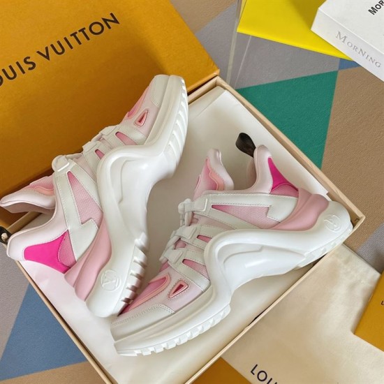 L Archlight pink mesh trainers diagonal arrangement inside packaging in pink and white