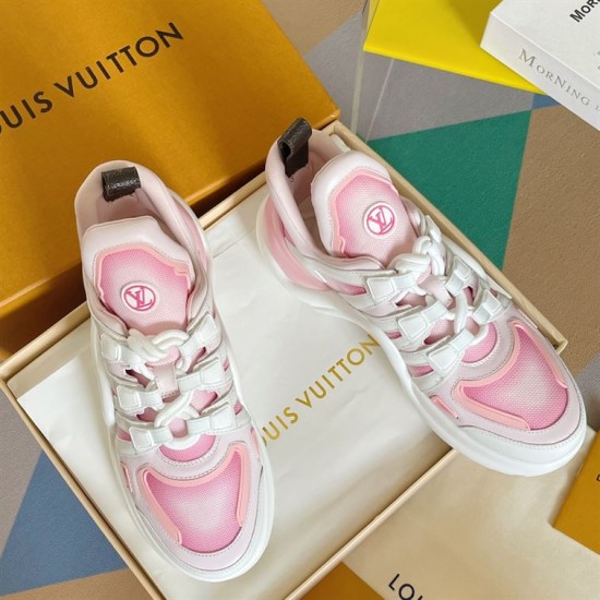L Archlight pink mesh trainers overhead view displaying tongue branding and laces in pink and white