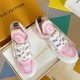 L Archlight pink mesh trainers overhead view displaying tongue branding and laces in pink and white