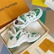 Boxed Display of L Archlight Green and White Trainers Overhead display showing pair of green and white trainers in a box