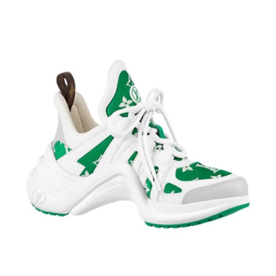 Side View of L Archlight Green and White Trainers Side profile of L Archlight chunky green and white canvas trainers