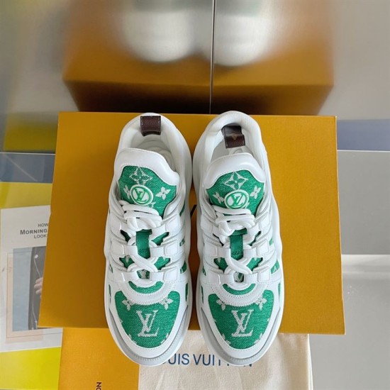 Top Lacing View of L Archlight Green and White Trainers Direct top view highlighting laces and green monogram tongue details in green and white