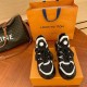 L Archlight Chunky Monogram Arch Sole Trainers Front Pair in black and white Direct front view of the pair showcasing the high tongue and contrast white trim in black and white