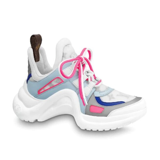 Side view of L Archlight Chunky Trainers in blue, pink, and white Side profile of L Archlight Chunky Trainers in blue, pink, and white