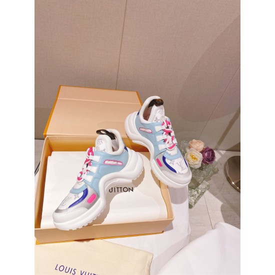 Angled view of L Archlight Chunky Trainers in blue, pink, and white Angled view of L Archlight Chunky Trainers in blue, pink, and white