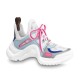Isolated side view of L Archlight Chunky Trainers in blue, pink, and white Isolated side profile of L Archlight Chunky Trainers in blue, pink, and white