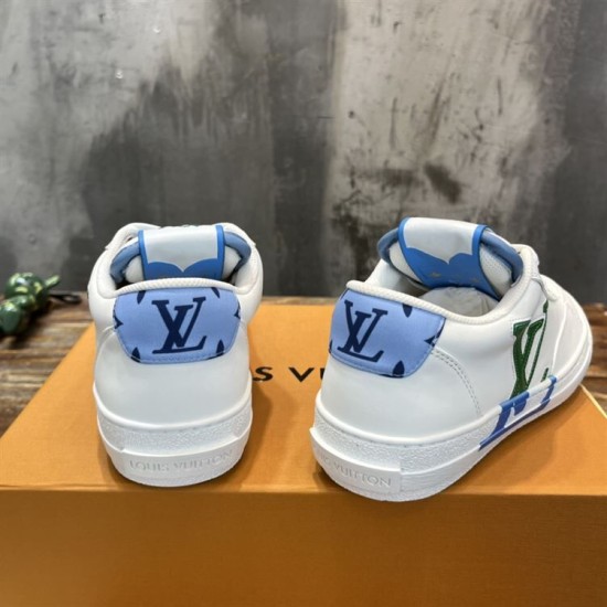 Rear view of L Charlie Low Top Leather Trainers in white, blue and green Rear view of L Charlie Low Top Leather Trainers in white, blue and green